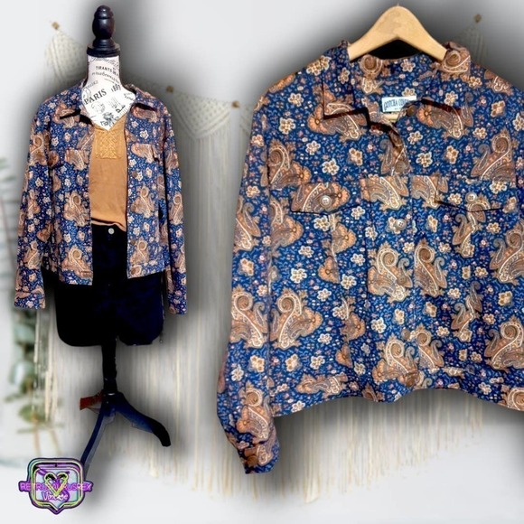 VINTAGE 80s Funky Paisley Denim  Jean Jacket, XL - Picture 1 of 9